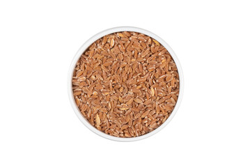 A bowl of brown grains with a white background