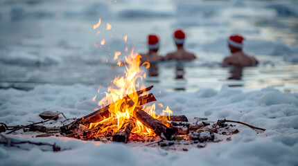 Campfire burning on snowy riverbank with people in Santa hats swimming in icy water, winter cold plunge tradition showing contrast of fire and ice, outdoor wellness and endurance concept