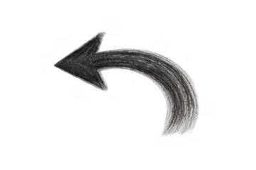 Hand-drawn artistic sketch arrow pointing back or undoing, creating a concept of direction and movement on transparent background