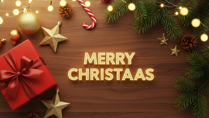 Merry Christmas golden text on rustic wooden background with red gift box pine branches and festive decorations