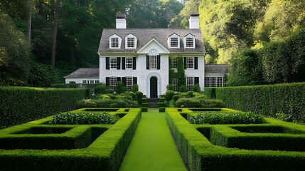 White clapboard colonial house with central chimney and boxwood hedges 