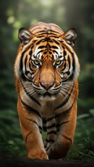 Fototapeta premium Majestic tiger with intense gaze walks forward in lush green forest environment