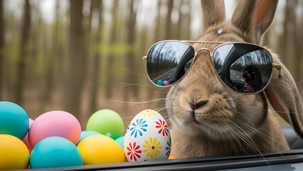 Funny cat wearing sunglasses with colorful Easter eggs outdoors in nature for spring holiday humor concept