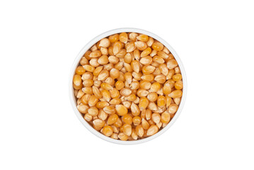 A bowl of corn kernels is shown on a white background