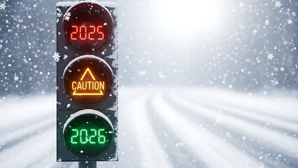 Traffic light shows 2025 red and 2026 green during a snowy winter day