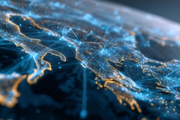 Digital Connectivity and Technology Networks Visualized Over Europe with Glowing Nodes and Interconnected Lines