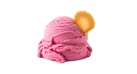 Scoop of delicious pink raspberry sorbet or ice cream with a small waffle cookie garnish, isolated on transparent background