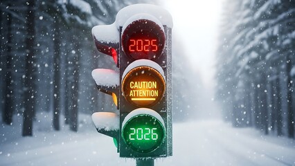 Traffic light shows 2025 red and 2026 green during a snowy winter day