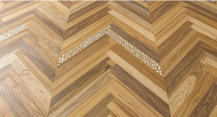Chevron wood parquet flooring with ornamental insert pattern