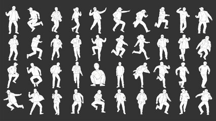 Set of Vector Silhouettes Diverse People in Dynamic Poses
