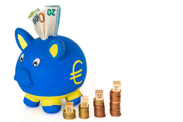 Saving for Rent in the Netherlands, Euro Piggy Bank Filled with Coins and Cash Next to Dutch Word "Rent"