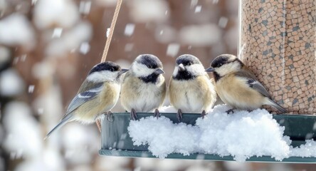 Black-capped chickadees gathering on bird feeder during snowfall