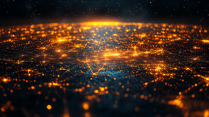 A stunning digital illustration showing a network of illuminated connections on a dark planet, showcasing technological advancement worldwide.