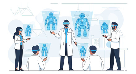 Team of engineers using augmented reality for robotics research and development virtual lab