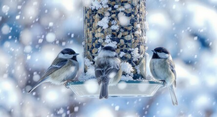 Chickadee birds eating from bird feeder on snowy winter day