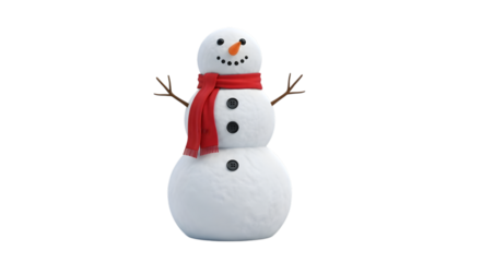 Snowman isolated on transparent background with scarf and buttons