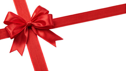 Red gift bow and ribbon for holiday present wrapping, horizontal layout. Isolated on transparent background