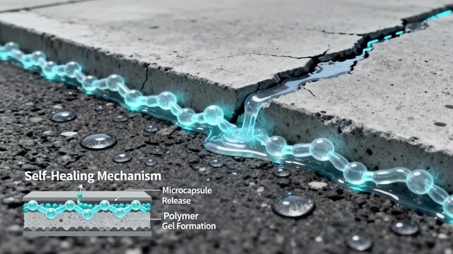 Medium shot showcasing synthetic selfhealing concrete with embedded polymers actively sealing cracks to prevent water infiltration and extend pavement life.