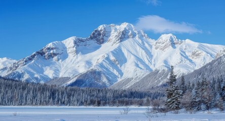 Snow-covered mountain peaks with winter forest landscape