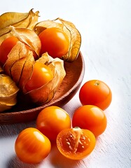 Physalis peruviana, sometimes known as the Cape gooseberry or golden fruit, on a white background
