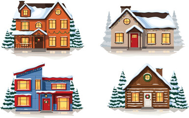 Cartoon winter house set with snow-covered roofs, pine trees, wreaths, and festive lights for holiday illustration and seasonal design.