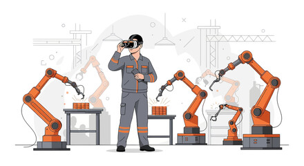 Technician Supervising Automated Factory Production Using Virtual Reality Headset Technology for
