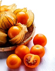 Physalis peruviana, sometimes known as the Cape gooseberry or golden fruit, on a white background