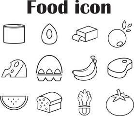 food icons set. vector line art of fish, banana, egg, tomato, chess and more