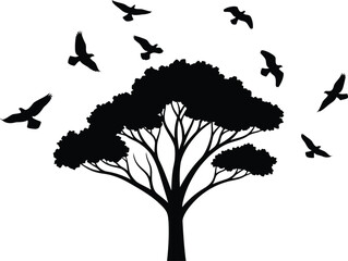 Silhouette of a lone tree with birds taking flight creating a sense of freedom and movement isolated on white background