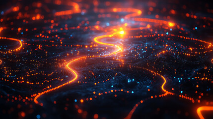 Fototapeta premium A vibrant abstract representation of interconnected data flows, featuring glowing lines and dots in a digital landscape.