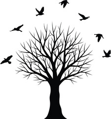 Silhouette of a bare winter tree with flock of birds flying in a circular motion above its branches creating a mystical and symbolic scene of nature's cycles isolated on white background