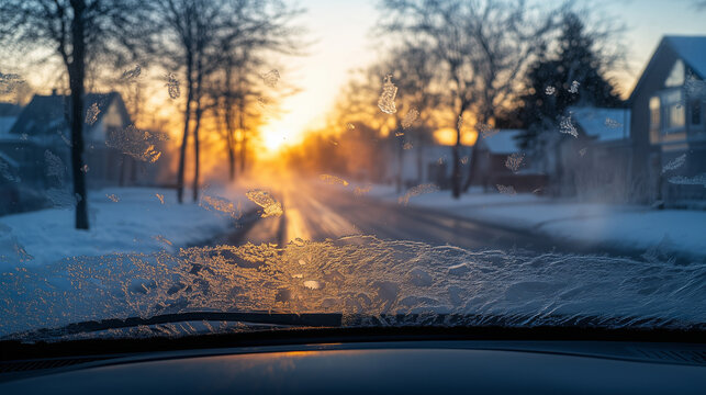 Winter sunrise viewed through car windshield with snowy street