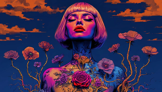 ritratto di Donna surreale con tatuaggi floreali su sfondo vibrante di colori accesi, Surreal portrait of a woman with floral tattoos on a vibrant background of bright colors