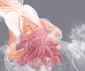 A woman with short pink hair in a white dress white eyelashes lying down in a comfortable position