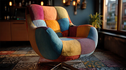 A vibrant, patchwork armchair adds a pop of color to a cozy interior space, blending comfort and style beautifully.