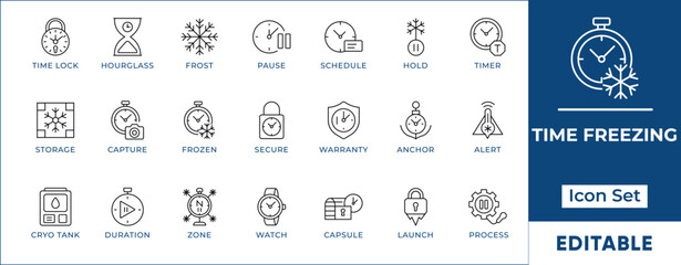 Cold chain logistics and project deadline extension icons. Vector set for supply chain delays, time management, preservation, and waiting concepts.