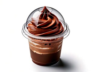 Rich-textured chocolate frozen dessert cup with creamy swirls and a translucent plastic dome lid