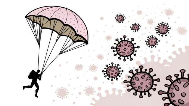 Airborne Virus Particles Concept. person parachuting among airborne virus particles, illustrating unique concept of airborne transmission
