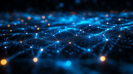 Abstract visualization of data flow with glowing particles and interconnected nodes in a digital landscape.