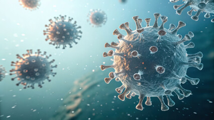 Airborne Virus Particles Concept. Virus like spheres dispersing calm water, showcasing intricate details and textures, creating serene atmosphere