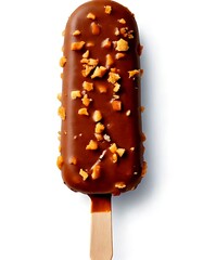 Isolated on a white background is a chocolate peanut ice pop with a crispy coating.