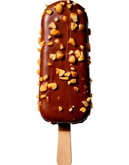 Isolated on a white background is a chocolate peanut ice pop with a crispy coating.