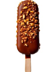 Isolated on a white background is a chocolate peanut ice pop with a crispy coating.