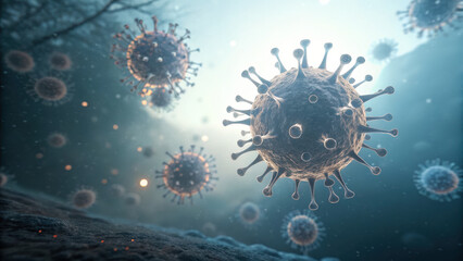 Airborne Virus Particles Concept. Glowing viral droplets suspended in hazy atmosphere create captivating visual of microscopic life