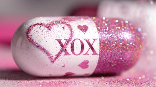 Romantic Pink Glitter Valentine Day Nails Concept: Love Capsule with XOX and Hearts, Sparkling Celebration of Affection and Romance