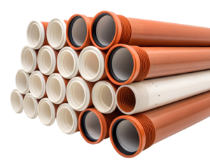 A collection of orange and white PVC pipes arranged in a stack. The pipes have smooth surfaces and are isolated on a transparent background.