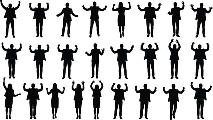 Business People and Professionals Silhouettes Set, Group of Happy Workers with Hands Up, Corporate Team Success Icons, Teamwork and Celebration Vector Collection, Isolated Office Staff Graphics.