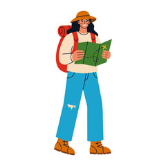 A female character hiking. The woman holding a map. Wildlife recreation and camping concept.