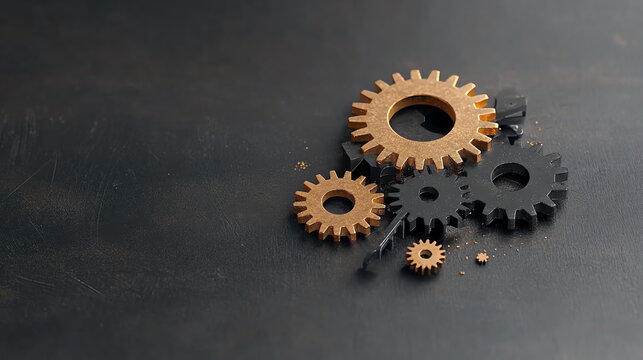 Close-up of metallic gears in various sizes, showcasing intricate designs and textures on a dark background.