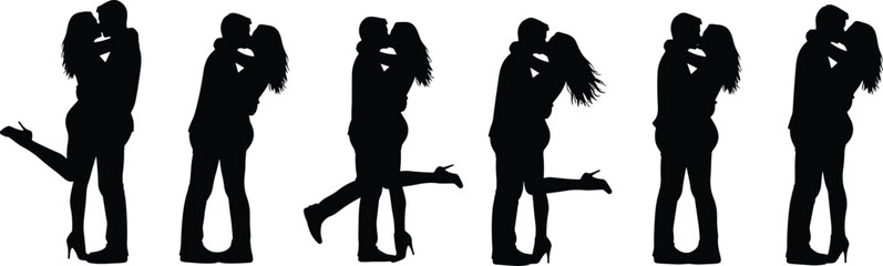 Romantic Couple Silhouettes Set, Kissing Man and Woman Poses, Valentine's Day Love Icons, Dating and Engagement Graphics, Hugging Lovers Vector Collection, Relationship Emotion Clipart.